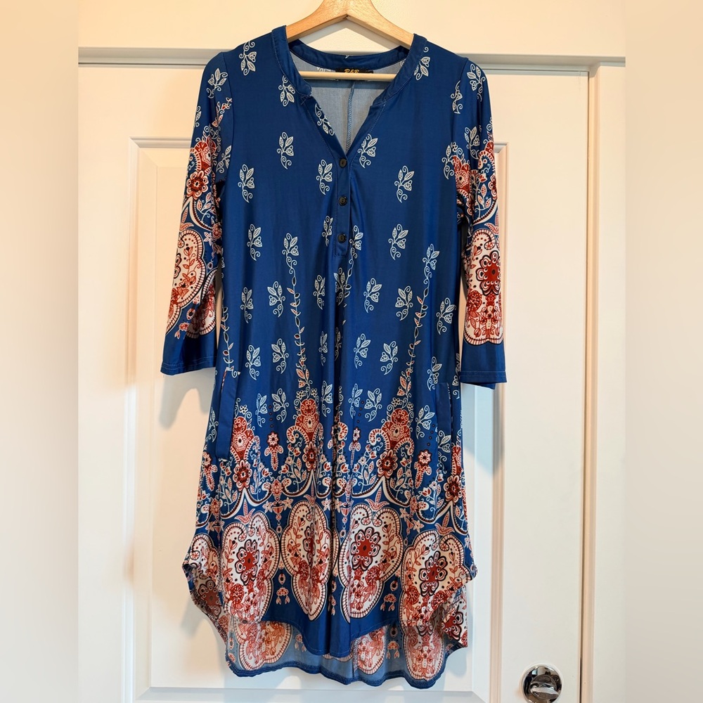 Floral Blue and Red Patterned Dress